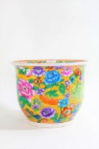 Chinese ceramic planter, decorated with colourful flowers on a yellow ground, 27cm diameter x 20.5cm