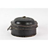 George III toleware spice box, the circular hinged lid enclosing a six compartment interior, 17cm