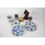 Mixed Chinese items, to include porcelain mug, carved wooden figure, plates etc., (qty)