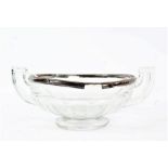 Italian glass bowl, circa 1920, with silver rim and faceted body, carrying handle either side,