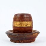 Maritime interest, a small barrel shaped pot with plaque 'From the teak of H.M.S. Iron Duke