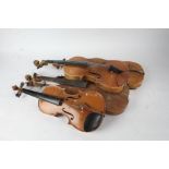 Four violins and one bow, all in need of restoration (5)