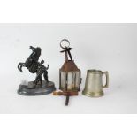 Spelter model of a Marley horse, together with a corkscrew, a small glass and metal lantern and a