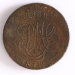 British Token, copper halfpenny, 1789, THE ANGLESEA MINERS HALFPENNY 1789, with central monogram
