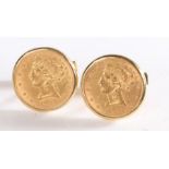 Two United States of America gold five dollar coins, 1880 and 1905, housed in 14 carat gold cufflink