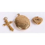 9 carat gold locket together with a 9 carat gold cross and a 9 carat gold heart shaped locket, gross