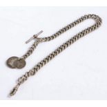 Silver watch chain, formed from graduated links, with T bar, clip end and two Victorian silver coins