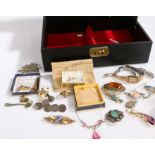 Collection of costume jewellery to include necklaces, brooches a naval button ect housed in a