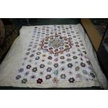 Patch work quilt, the quilt with rows of patches leading to the central rosette patch section, 250cm