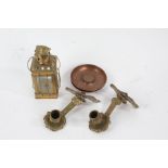 Small brass and glass lantern, together with two copper ashtrays, each inset with a George V one