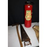 Minimax fire extinguisher, wooden handled axe and a saw (3)