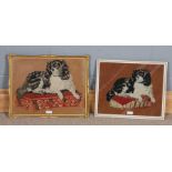 Two needlework pictures depicting Cavalier King Charles spaniels on cushions, housed in gilt and