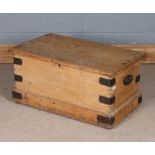 Pine coffer, with metal banded corners and carrying handles, 75.5cm wide