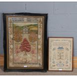 Two 20th Century needlework samplers, one depicting a garden with peacocks, trees, flowers, a cat