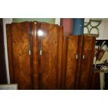 Art Deco walnut three piece bedroom suite, comprising two wardrobes and dressing chest (3)