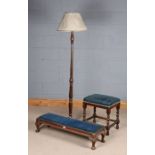 Edwardian mahogany footstool, with blue upholstered cushion, raised on squat shell carved cabriole