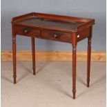 Victorian mahogany side table, with three-quarter upstand above two frieze drawers, raised on turned