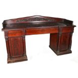 Victorian mahogany pedestal sideboard, the three-quarter upstand with shell and scroll carved