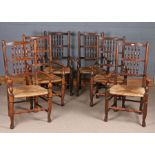 Set of six Lancashire style spindle back and rush seated carver chairs, 20th century (6)