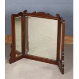 Edwardian mahogany and marquetry inlaid triple dressing mirror, with scroll carved pediment above