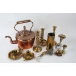 19th century and later metal ware, to include a large copper kettle, brass candlesticks, candle