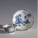 Lowestoft porcelain tea bowl and saucer decorated in the long bridge pattern, saucer 12cm