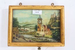 Continental hand painted picture clock, with a scene of a church and surrounding buildings by a