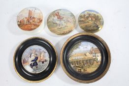 Five Victorian Prattware pot lids, including three depicting scenes of Pegwell Bay, one with base (