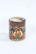 Indian paper mache cylindrical box and cover, decorated with a seated figure and attendants, 10cm