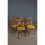 Set of four lath back dining chairs, with solid dished seats, on turned legs and stretchers (4)