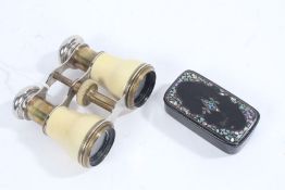 Pair of ivorine opera glasses, and a Victorian papier mache and abalone inlaid snuff box (2)