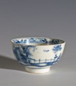 Lowestoft porcelain tea bowl decorated in the long bridge pattern, 7.5cm diameter, 4cm high