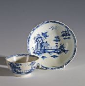 Lowestoft porcelain tea bowl and saucer decorated in the long bridge pattern, saucer 12cm