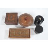 Two ebony dressing table pots, two marquetry inlaid boxes, leather mounted box (5)