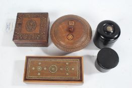Two ebony dressing table pots, two marquetry inlaid boxes, leather mounted box (5)