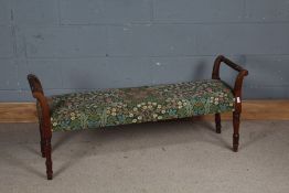 Mahogany window seat, the rope twist end supports above a stuff over seat and turned legs, 127cm