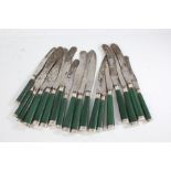 Tessiers London, set of twelve 19th Century table knives and six dessert knives, all with green