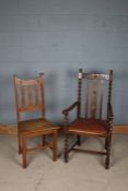 Arts and Crafts golden oak chair, with stylised slats and solid seat, together with a 20th century