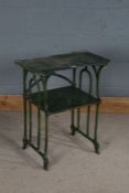 Arts and Crafts green enamelled two tier table, stamped 'Fonderies Weston Martin', with diamond