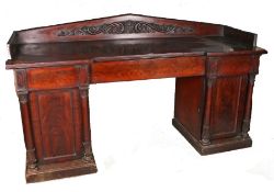 Victorian mahogany pedestal sideboard, the three-quarter upstand with shell and scroll carved