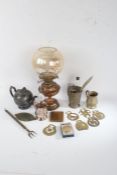 Copper oil lamp, with floral decorated glass shade, a telescopic toasting fork, pair of silver