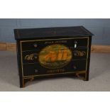 Victorian style maritime themed painted chest of three long drawers, the top inscribed "VR FOR QUEEN