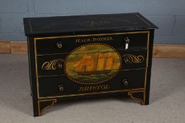 Victorian style maritime themed painted chest of three long drawers, the top inscribed "VR FOR QUEEN