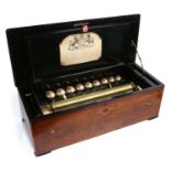 19th Century continental music box, the walnut and ebonised case with foliate marquetry inlaid lid