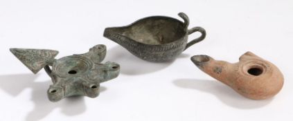 Roman terracotta oil lamp, Roman style bronze four branch oil lamp, small metal jug with snake