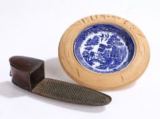 19th Century Toleware nutmeg grater, the long oval grater with a hinged lidded top and hinged