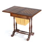 Victorian mahogany and marquetry inlaid games compendium/sewing table, the rectangular folding top