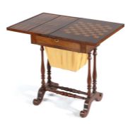 Victorian mahogany and marquetry inlaid games compendium/sewing table, the rectangular folding top