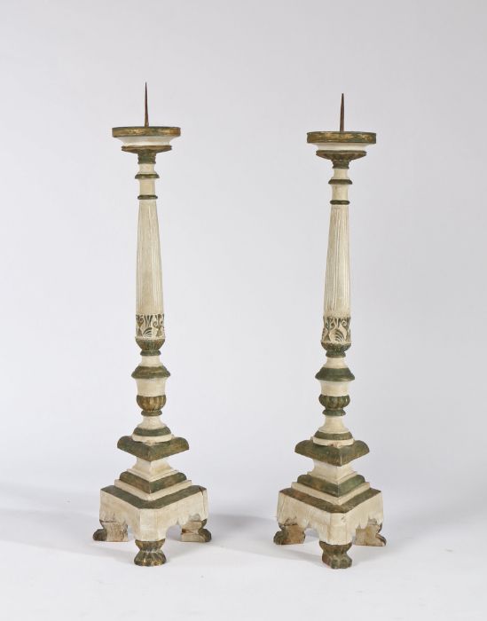 Pair of Italian pricket sticks, painted in white and green with traces of gilt, the spike top - Image 2 of 2