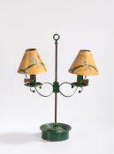Toleware desk lamp, painted in green with yellow Oriental scene shades, 49cm high